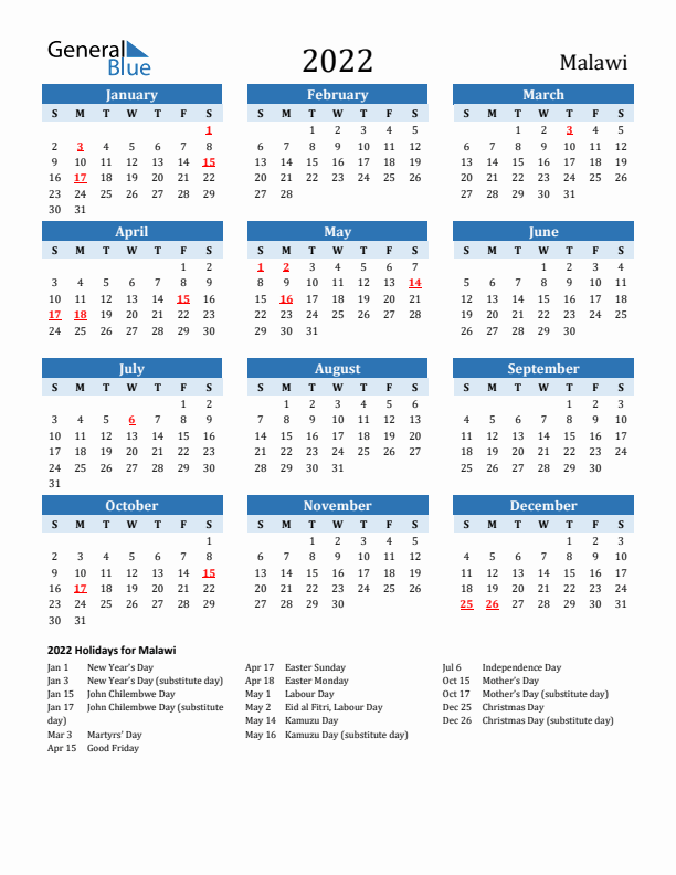 Printable Calendar 2022 with Malawi Holidays (Sunday Start)