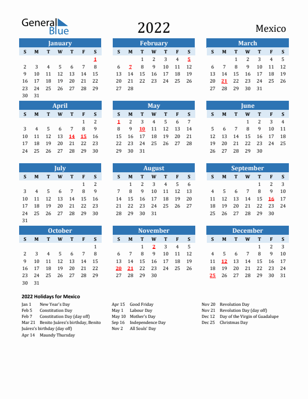 Printable Calendar 2022 with Mexico Holidays (Sunday Start)