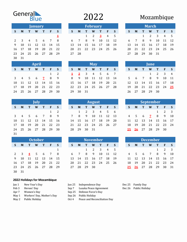 Printable Calendar 2022 with Mozambique Holidays (Sunday Start)