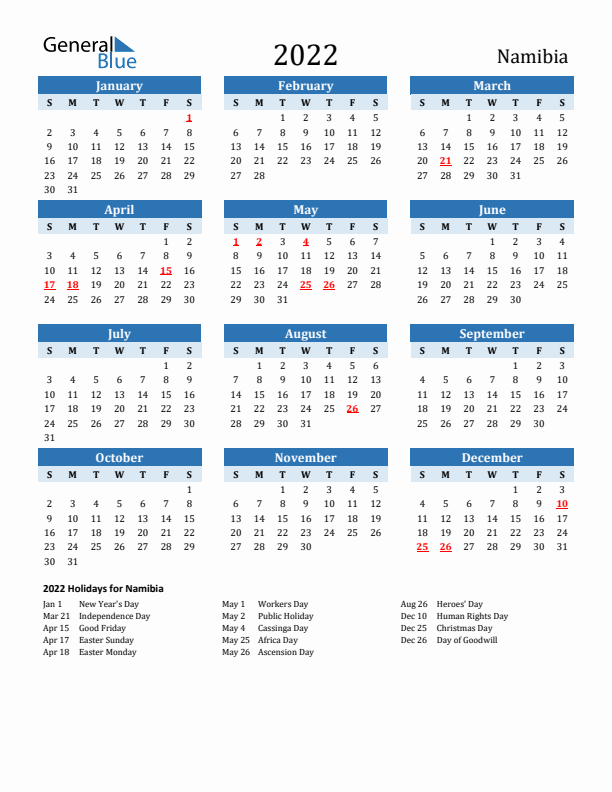 Printable Calendar 2022 with Namibia Holidays (Sunday Start)