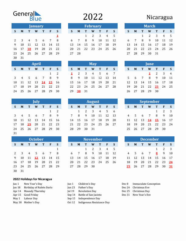Printable Calendar 2022 with Nicaragua Holidays (Sunday Start)