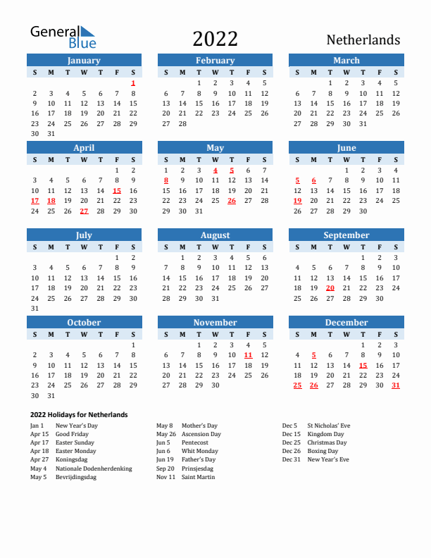 Printable Calendar 2022 with The Netherlands Holidays (Sunday Start)