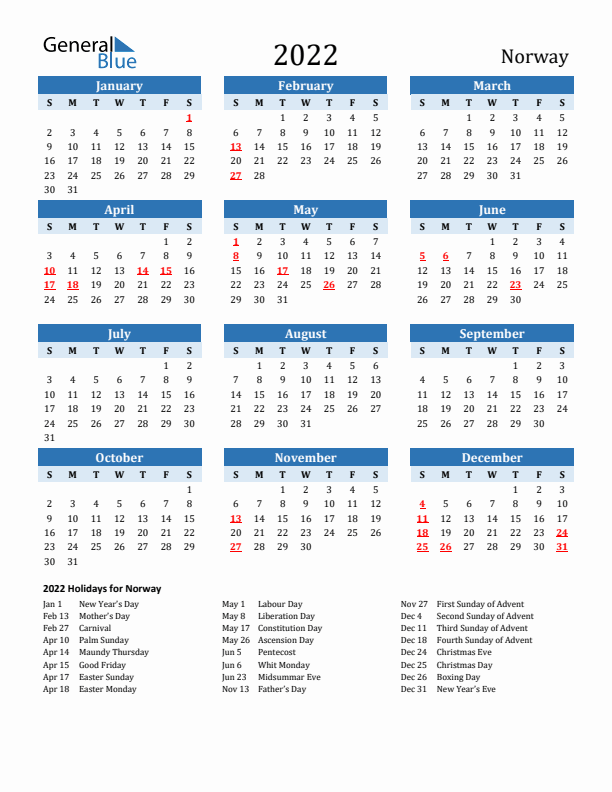 Printable Calendar 2022 with Norway Holidays (Sunday Start)