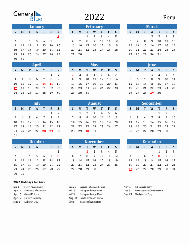 Printable Calendar 2022 with Peru Holidays (Sunday Start)
