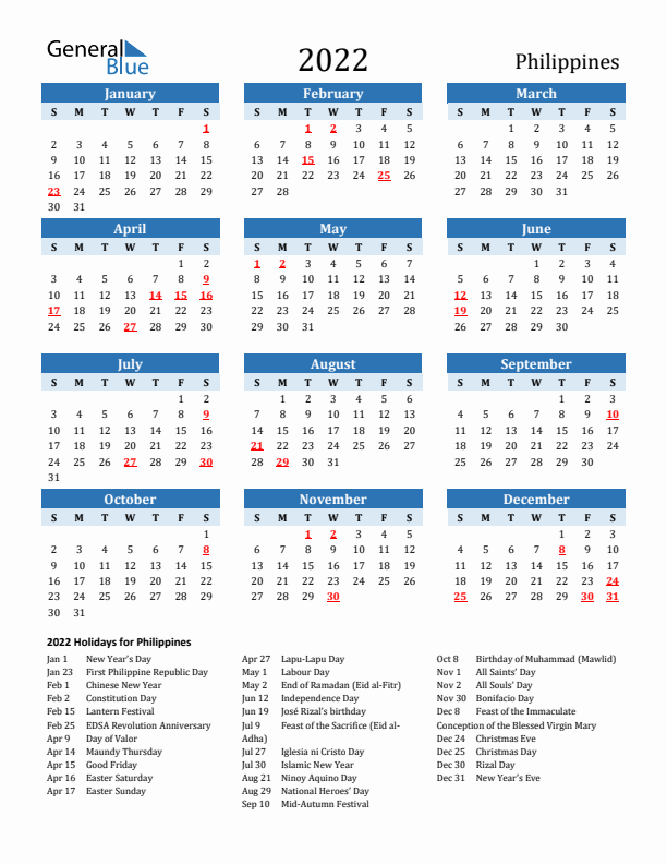 Printable Calendar 2022 with Philippines Holidays (Sunday Start)