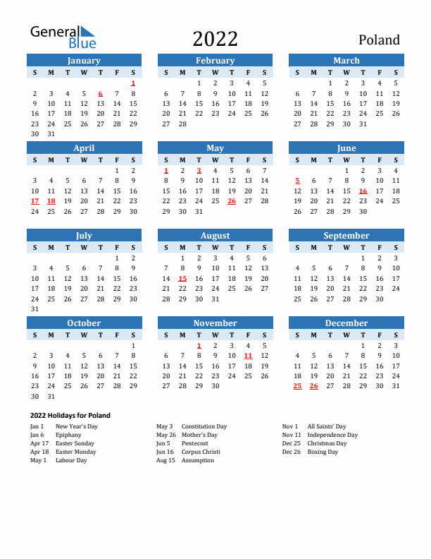 Printable Calendar 2022 with Poland Holidays (Sunday Start)