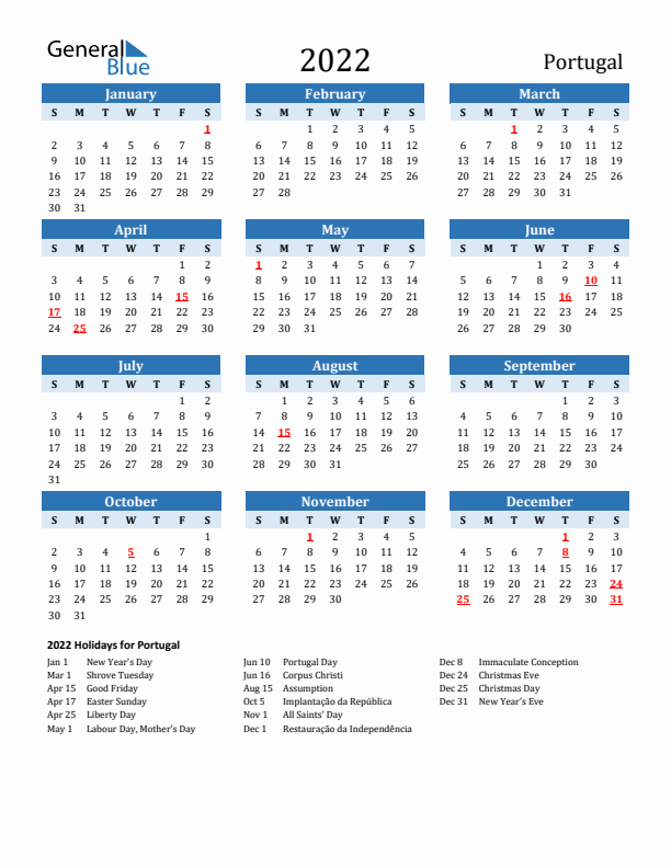 Printable Calendar 2022 with Portugal Holidays (Sunday Start)