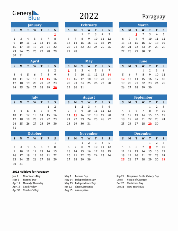 Printable Calendar 2022 with Paraguay Holidays (Sunday Start)