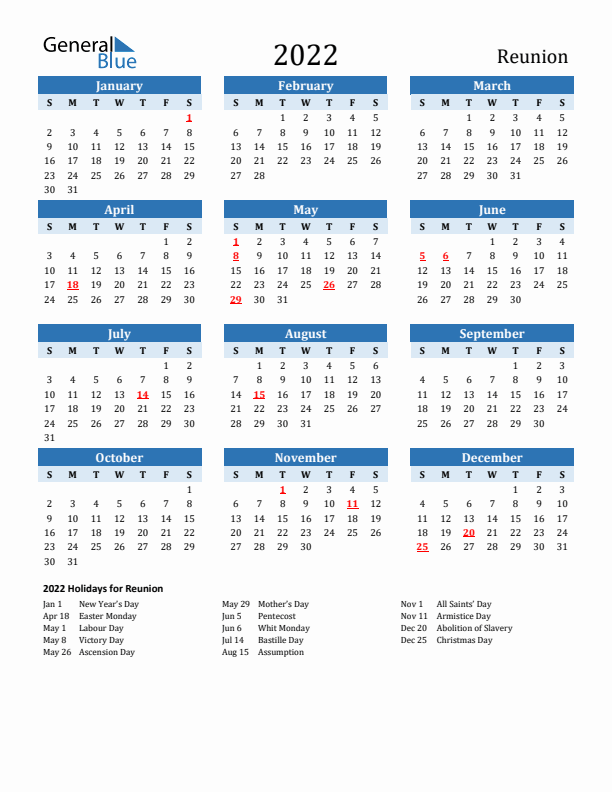 Printable Calendar 2022 with Reunion Holidays (Sunday Start)