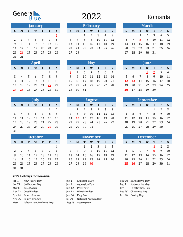 Printable Calendar 2022 with Romania Holidays (Sunday Start)