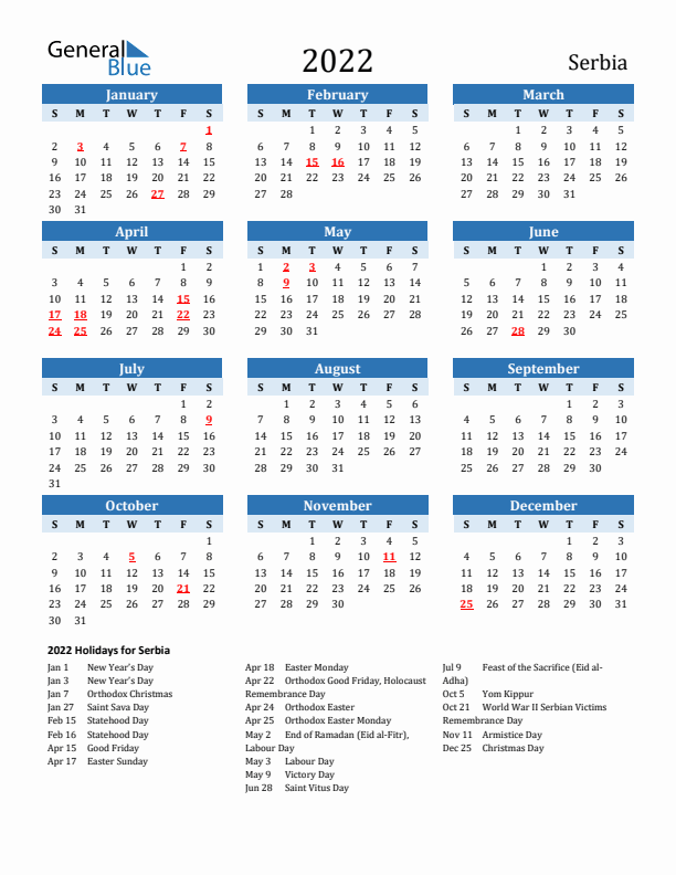 Printable Calendar 2022 with Serbia Holidays (Sunday Start)