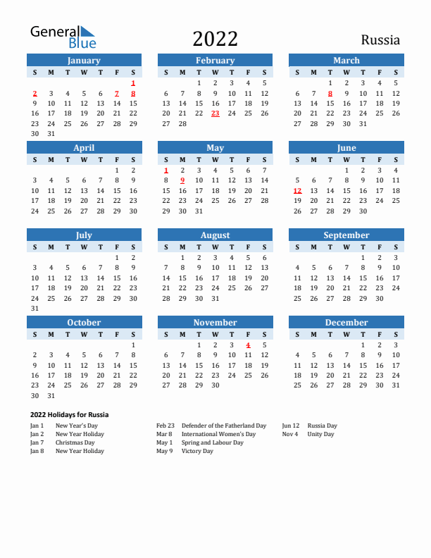 Printable Calendar 2022 with Russia Holidays (Sunday Start)