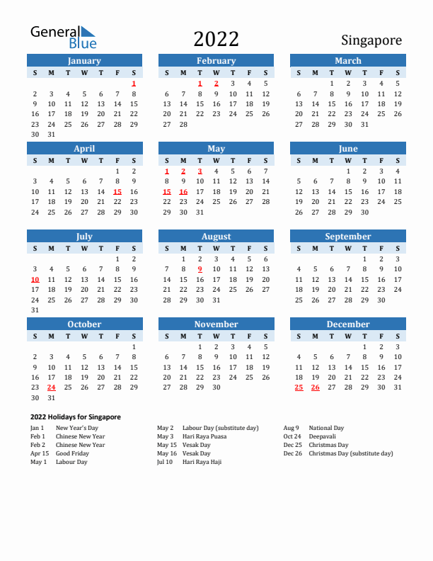 Printable Calendar 2022 with Singapore Holidays (Sunday Start)