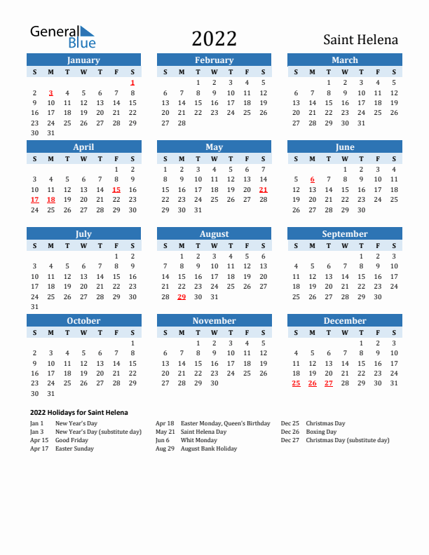 Printable Calendar 2022 with Saint Helena Holidays (Sunday Start)