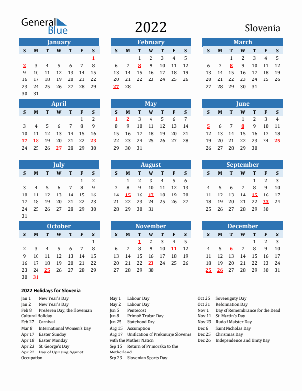 Printable Calendar 2022 with Slovenia Holidays (Sunday Start)