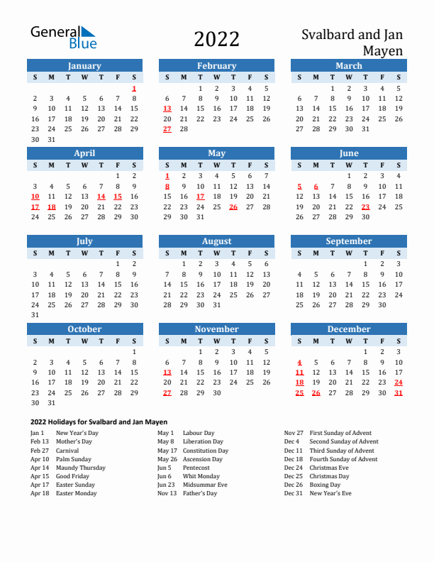 Printable Calendar 2022 with Svalbard and Jan Mayen Holidays (Sunday Start)