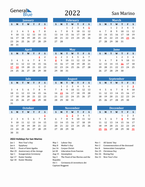 Printable Calendar 2022 with San Marino Holidays (Sunday Start)