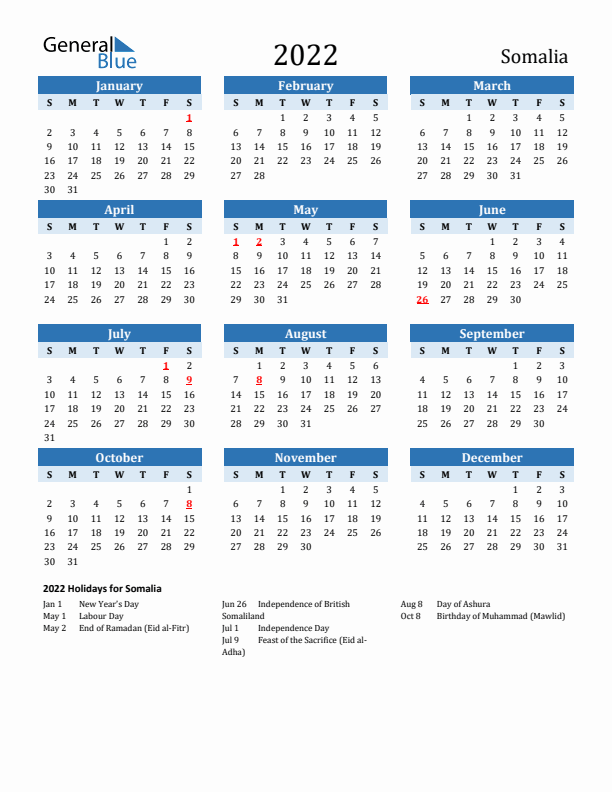 Printable Calendar 2022 with Somalia Holidays (Sunday Start)