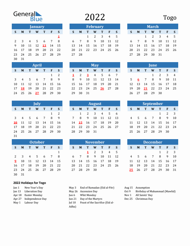 Printable Calendar 2022 with Togo Holidays (Sunday Start)
