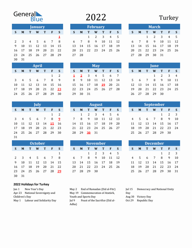 Printable Calendar 2022 with Turkey Holidays (Sunday Start)