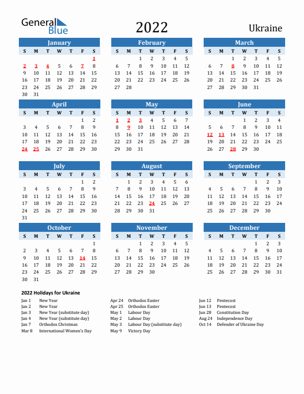 Printable Calendar 2022 with Ukraine Holidays (Sunday Start)