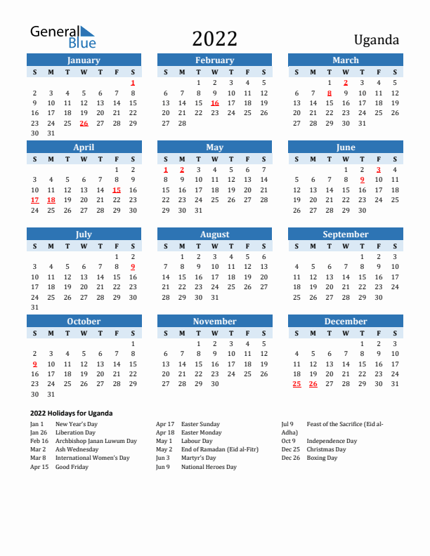 Printable Calendar 2022 with Uganda Holidays (Sunday Start)