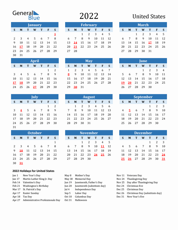 Printable Calendar 2022 with United States Holidays (Sunday Start)