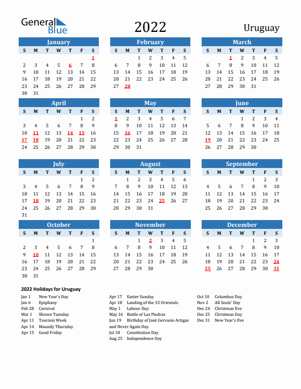 Printable Calendar 2022 with Uruguay Holidays (Sunday Start)