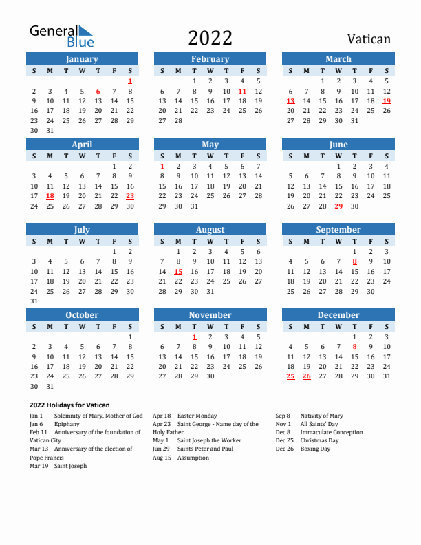 Printable Calendar 2022 with Vatican Holidays (Sunday Start)