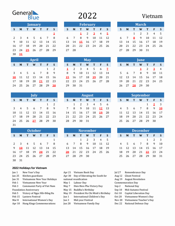 Printable Calendar 2022 with Vietnam Holidays (Sunday Start)