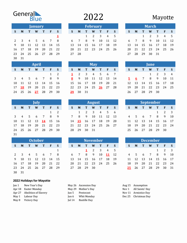 Printable Calendar 2022 with Mayotte Holidays (Sunday Start)