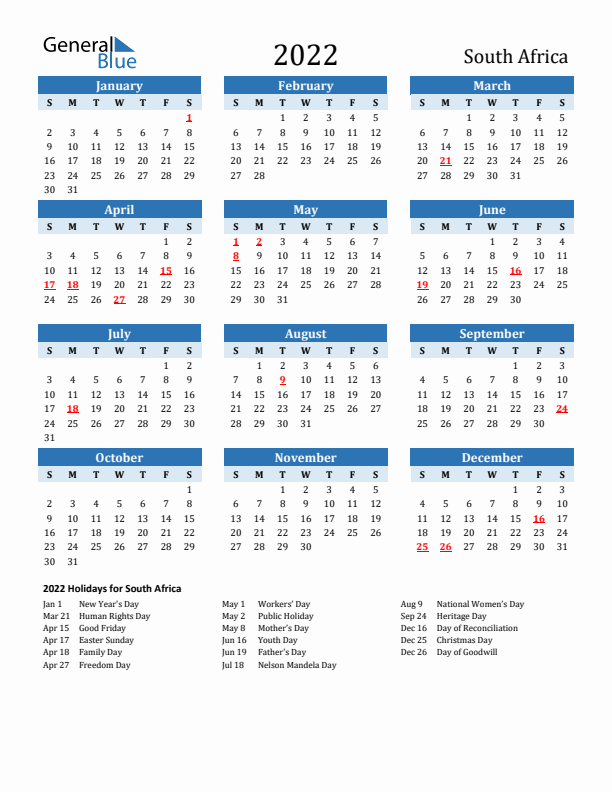Printable Calendar 2022 with South Africa Holidays (Sunday Start)