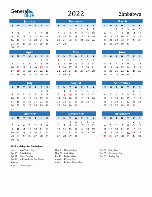 Printable Calendar 2022 with Zimbabwe Holidays (Sunday Start)