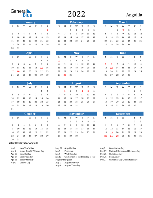 2022 calendar anguilla with holidays