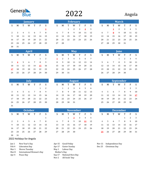 2022 calendar angola with holidays