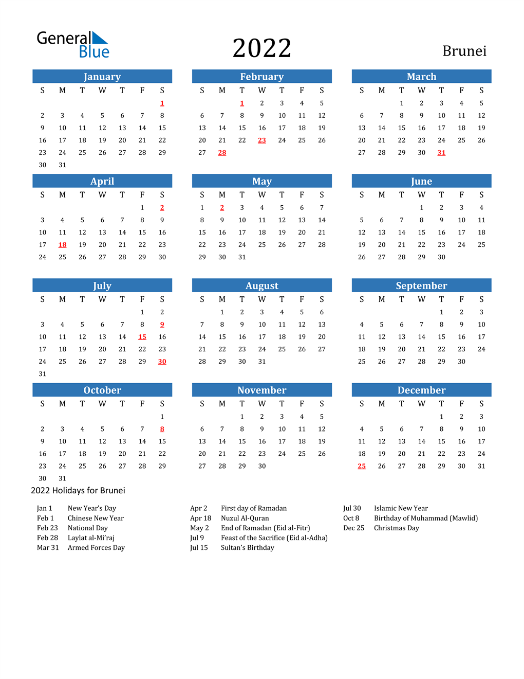 2022 Brunei Calendar With Holidays