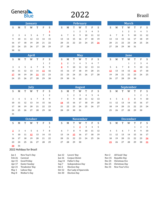 2022 Calendar - Brazil with Holidays