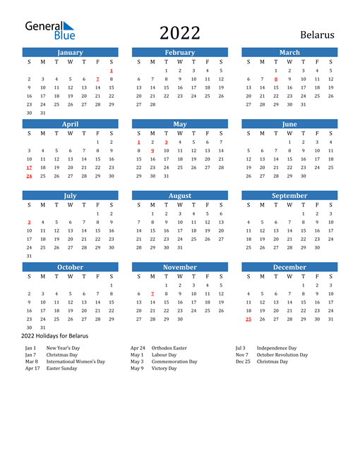 2022 belarus calendar with holidays