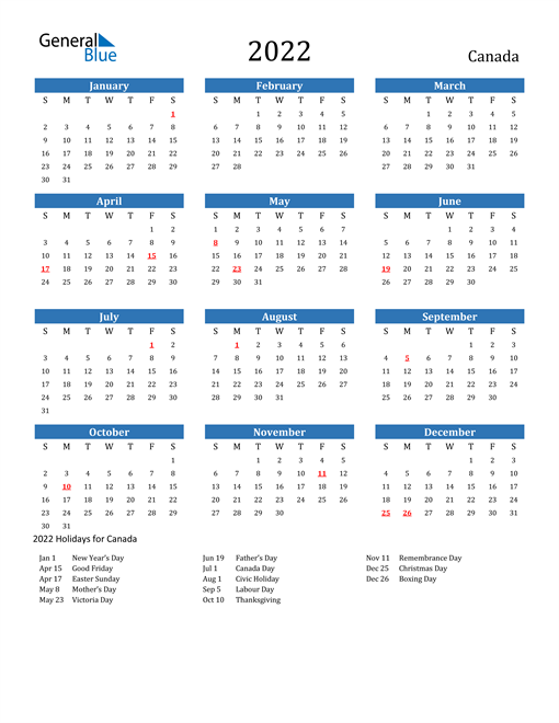 Canadian Calendar 2022