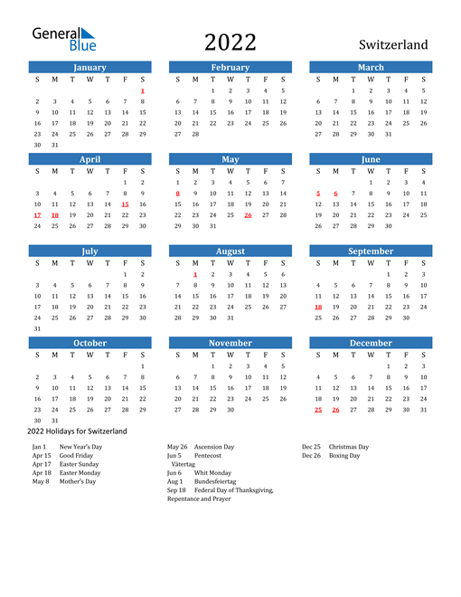 Switzerland 2022 Calendar with Holidays