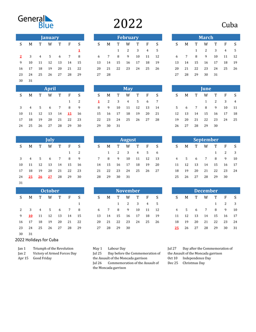 2022 Calendar with Cuba Holidays