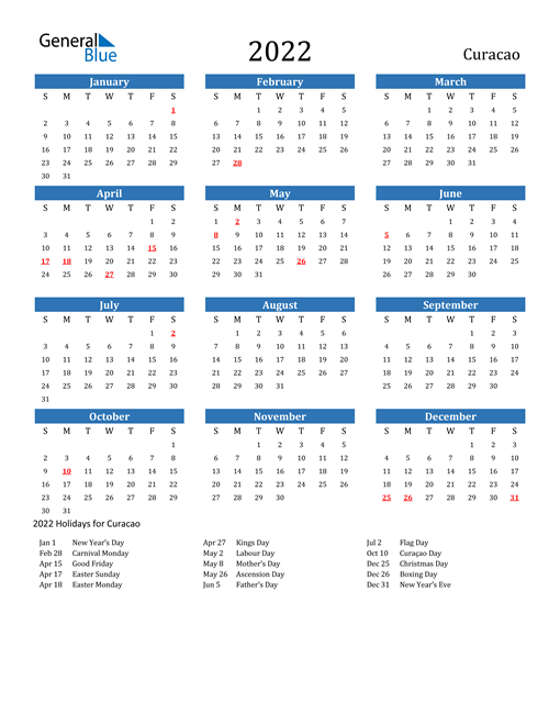 2022 Curacao Calendar with Holidays