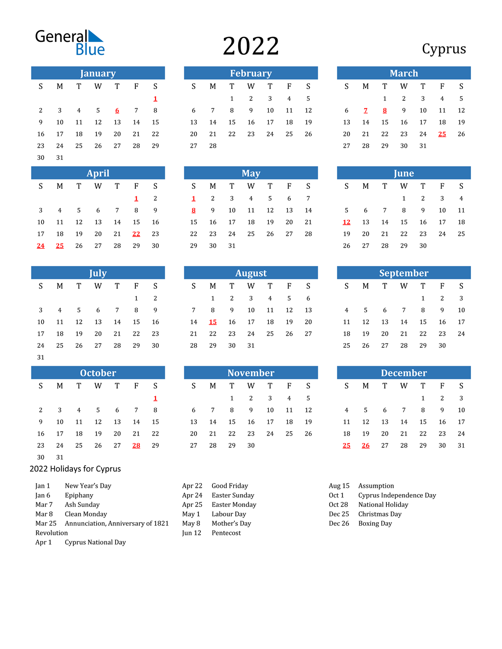 2022 Cyprus Calendar with Holidays