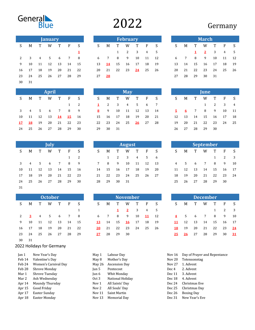 2022 Germany Calendar With Holidays