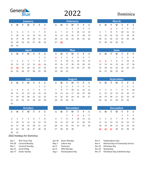2022 calendar dominica with holidays