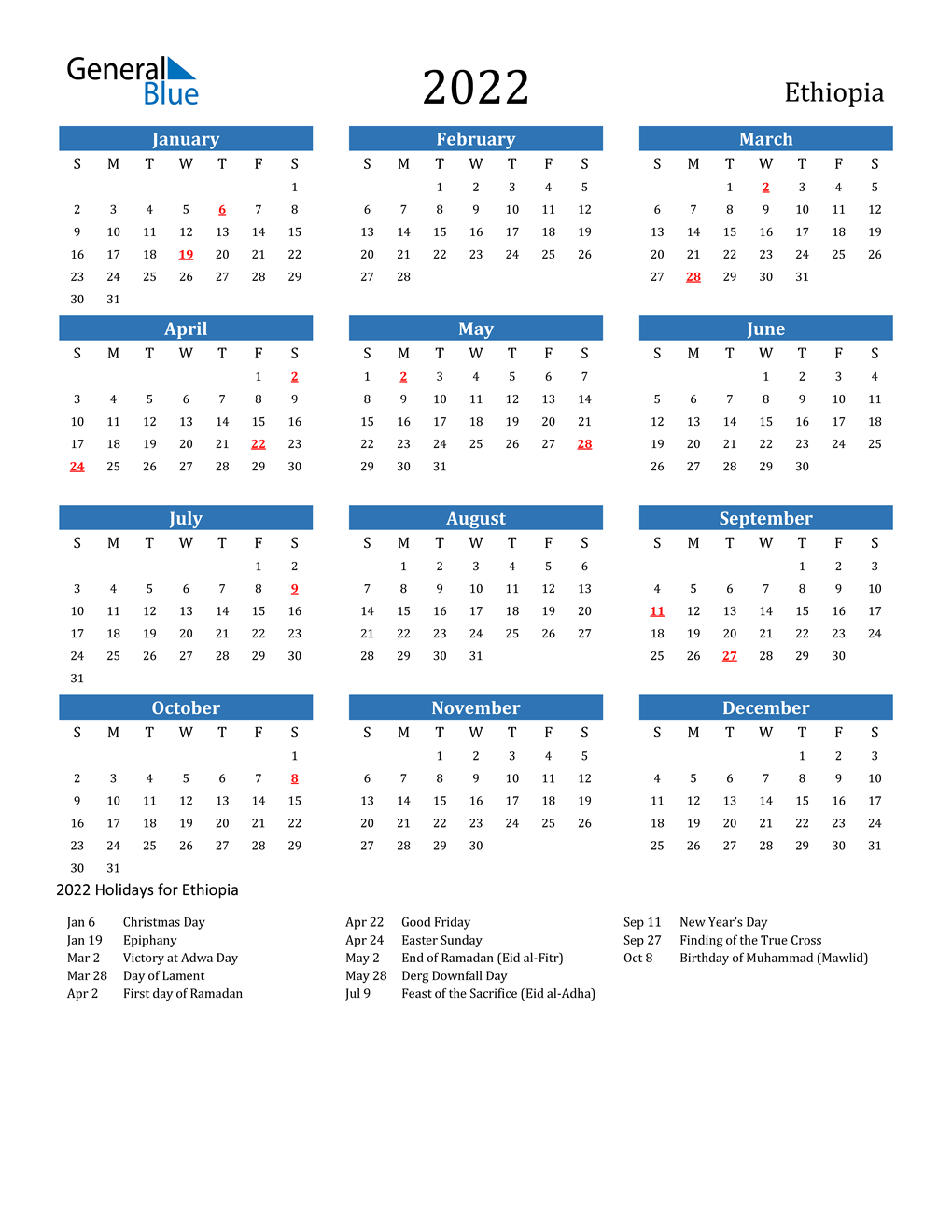 Ethiopian Fasting Calendar 2022 2022 Ethiopia Calendar With Holidays