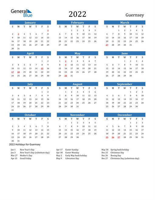 2022 Calendar with Guernsey Holidays