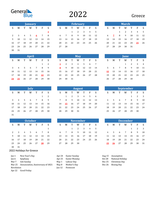 2022 Calendar with Greece Holidays