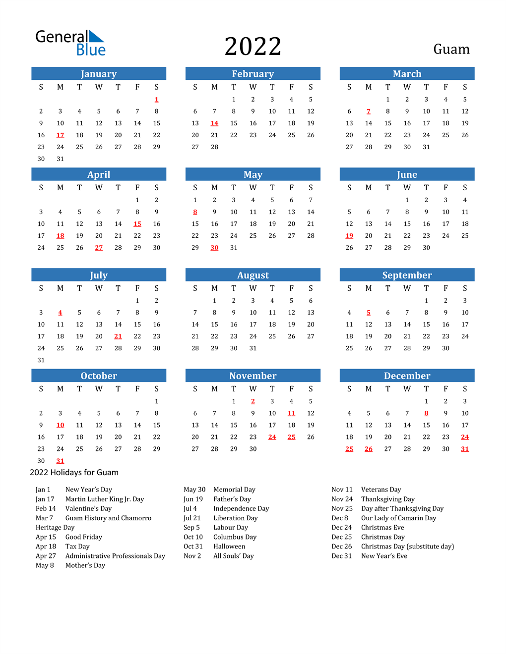 2022 Guam Calendar With Holidays