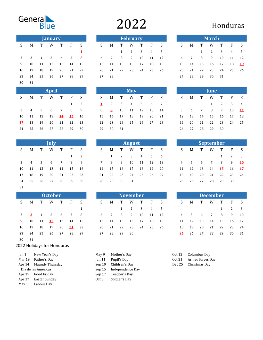 Calendario 2022 Honduras Aprile Calendario